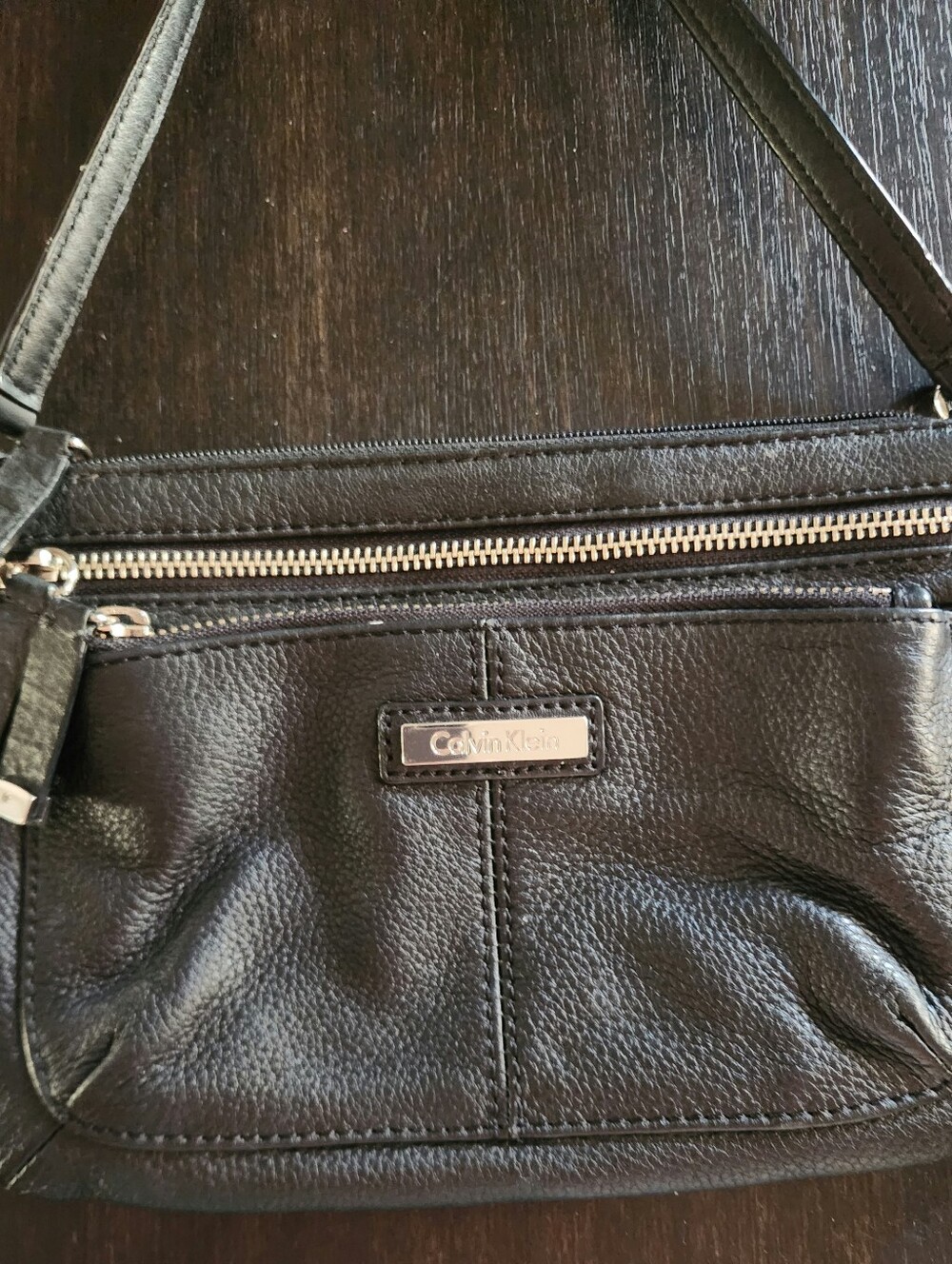Calvin Klein Black Pebbled Leather Shoulder Bag with Silver Hardware